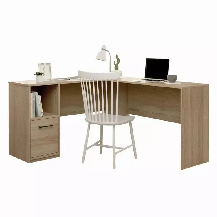 L shaped white desk deals with storage